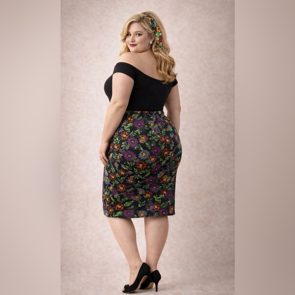 LuLaRoe Black Floral Pinup Pencil Skirt with Purple, Green & Orange Flowers